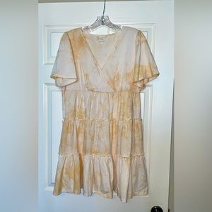Women’s Skies Are Blue Soft Tan Tie Dyed Mini Dress with Pockets, Size Large